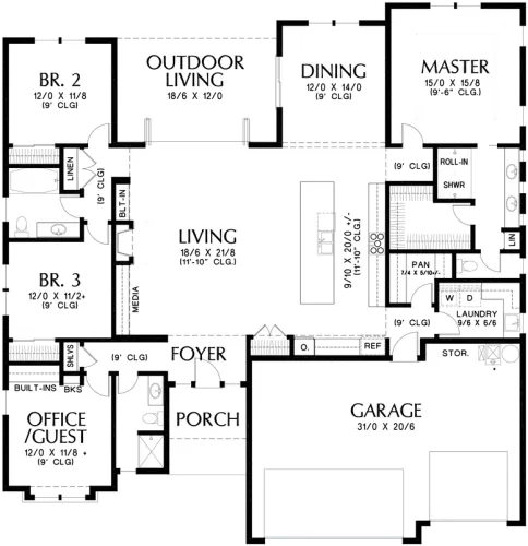 Main Floor Plan Image For Mascord Erwin Modern Home - 2 Bedroom Modern Ranch Floor Plans