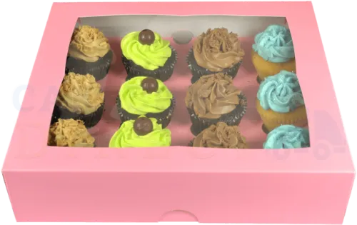 Premium 12 Pink Cupcake Window Box With 6cm Divider - Cupcake Pink Box Transparent