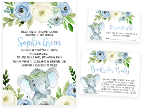 Blue Floral Elephant Baby Shower Invitation Pack - Baby Shower Welcome Sign Free