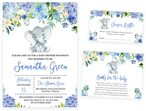 Blue Elephant Floral Baby Shower Invitation Pack - Baby Shower Invitations Writing Elephant