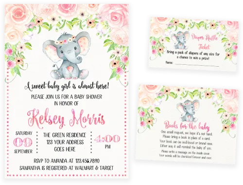 Blush Pink Floral Elephant Baby Shower Invitation Pack - Blush Pink Floral Elephant Baby Shower Invitations
