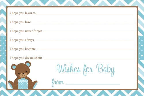Chevron Teddy Bear Blue Baby Shower Wishes Card - Free Printable Baby Shower Invitations Girl Teddy Bear