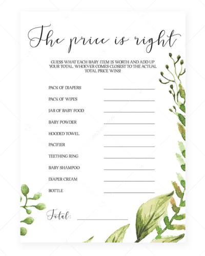 Guess The Price Baby Shower Game Printable Greenery - Printable Guess The Price Baby Shower Game