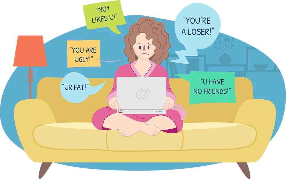 Upset Teen Girl Sitting On Couch Being Cyberbullied - Cyberbullying Or Cyber Harassment