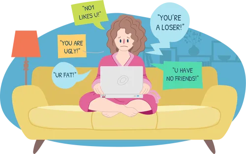 Upset Teen Girl Sitting On Couch Being Cyberbullied - Cyberbullying Or Cyber Harassment