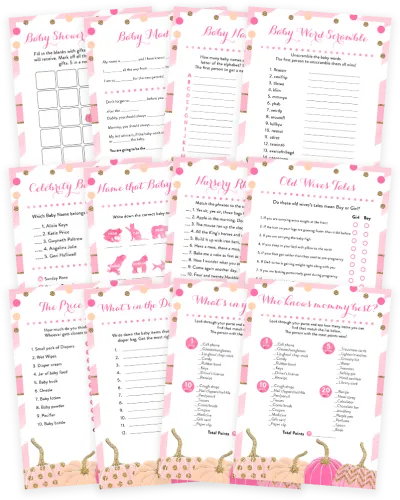 Pink And Gold Pumpkin Baby Shower Game Pack - Little Pumpkin Girl Baby Shower Games