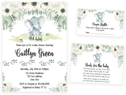 White Floral Gender Neutral Elephant Baby Shower Invitation - Gender Neutral Baby Shower Border Clipart