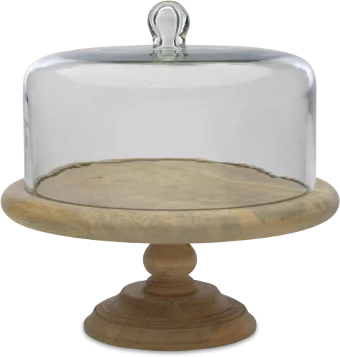 Mango Wood Cake Stand With Recycled Glass Dome - Wooden Cake Stand With Dome