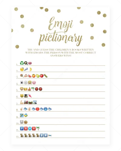 Emoji Pictionary Baby Shower Game Gold Confetti Printable - Baby Shower Emoji Game Free Printable