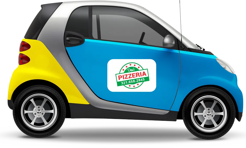 Small Car With Magnetic Sign On The Door With Pizza - Car Door Magnet Signs